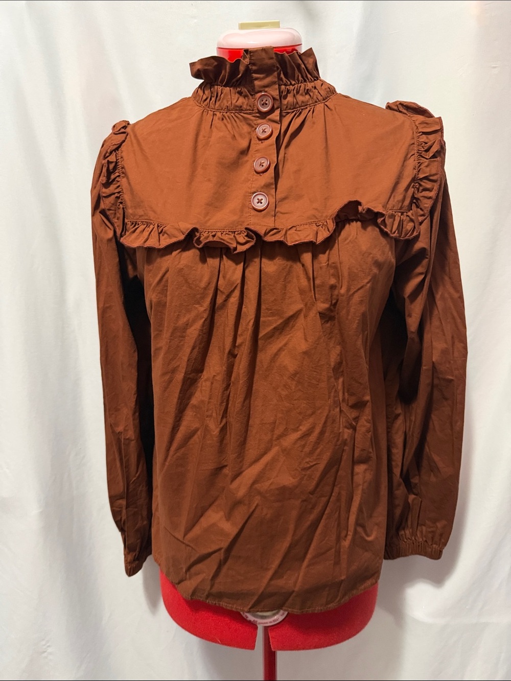 Ruffle-Yoke Long Sleeve Blouse in Brown